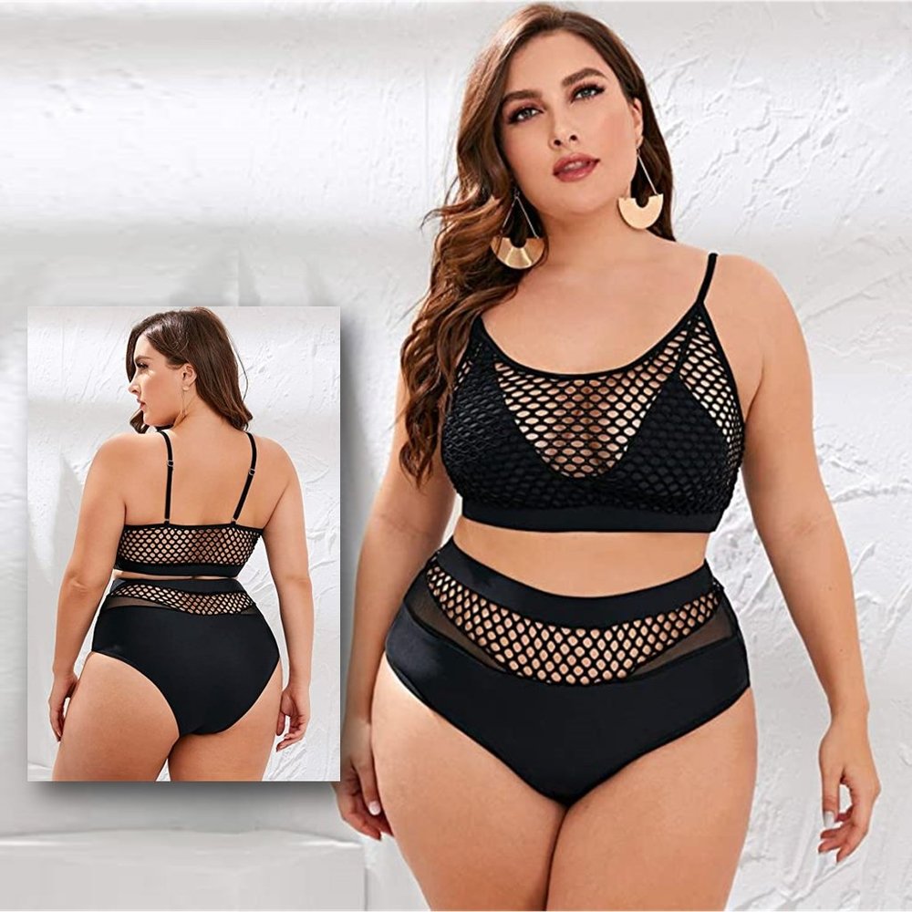 Sexy Plus Size Splice Fishnet Cami Top & High Waist Bikini Set  NEW!